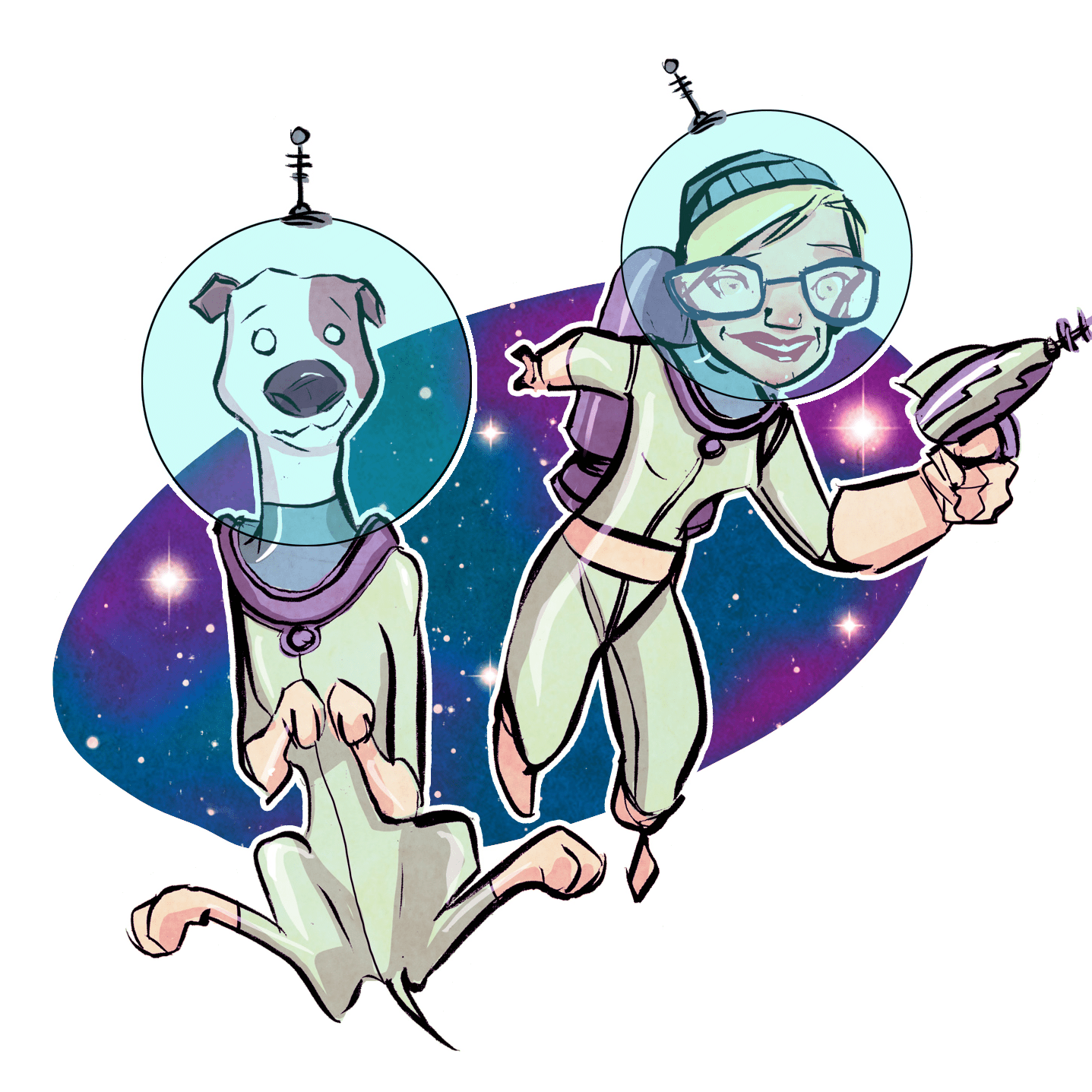 A cartoon drawing of a dog and a woman in space suits. Both spacesuits are a cream colour ith purple accents and the helmets look like clear bubbles of glass. The dog, Astro, has a silly expression with a slight smile. He is white with one brown ear and a brown path over the other ear and eye. The woman, Dr Laura Driessen, is blonde with blue glasses and a blue beanie. She’s holding what looks like a space-gun. The background is purply-blue with stars.